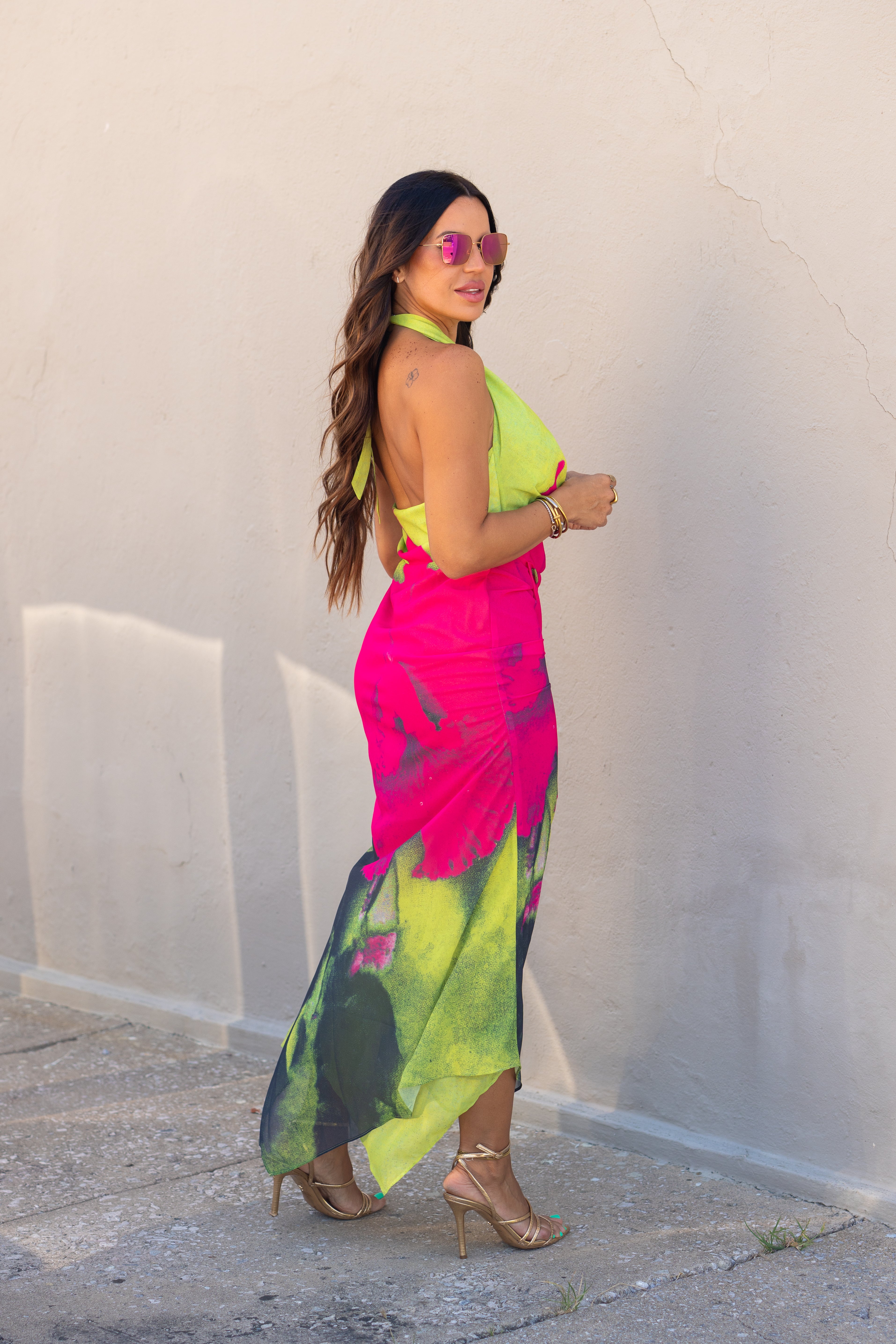 Green/Pink Flower Maxi Dress