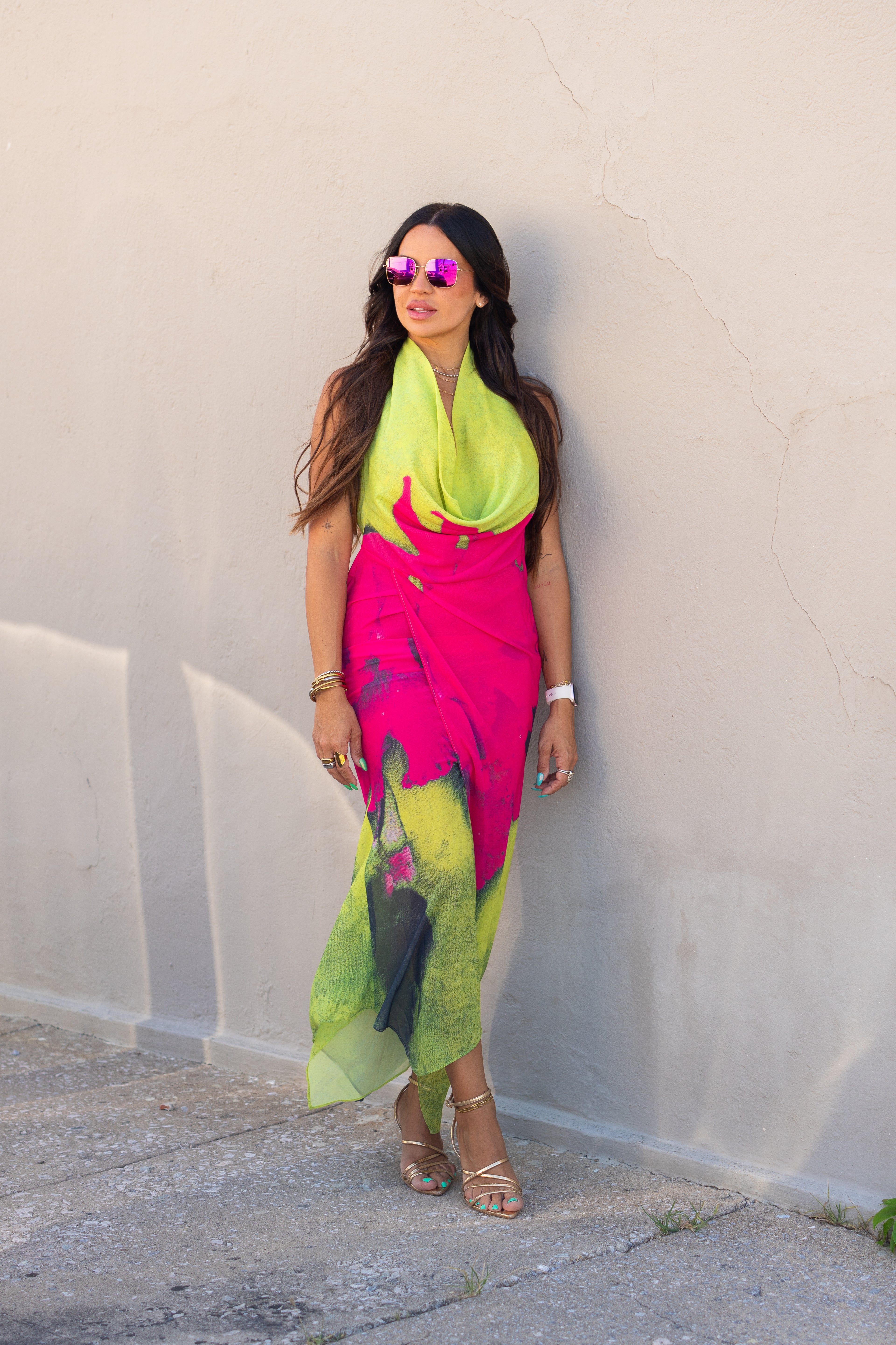 Green/Pink Flower Maxi Dress