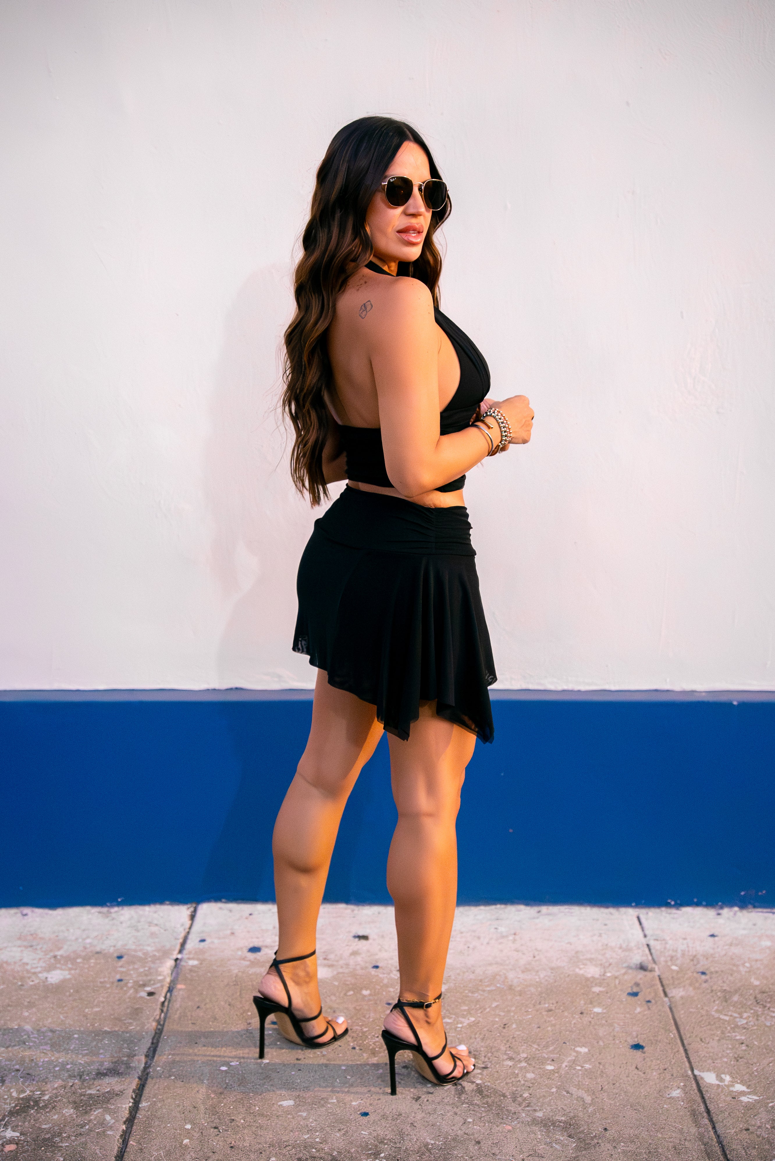 Black Halter Top & Mini Skirt Mesh Set