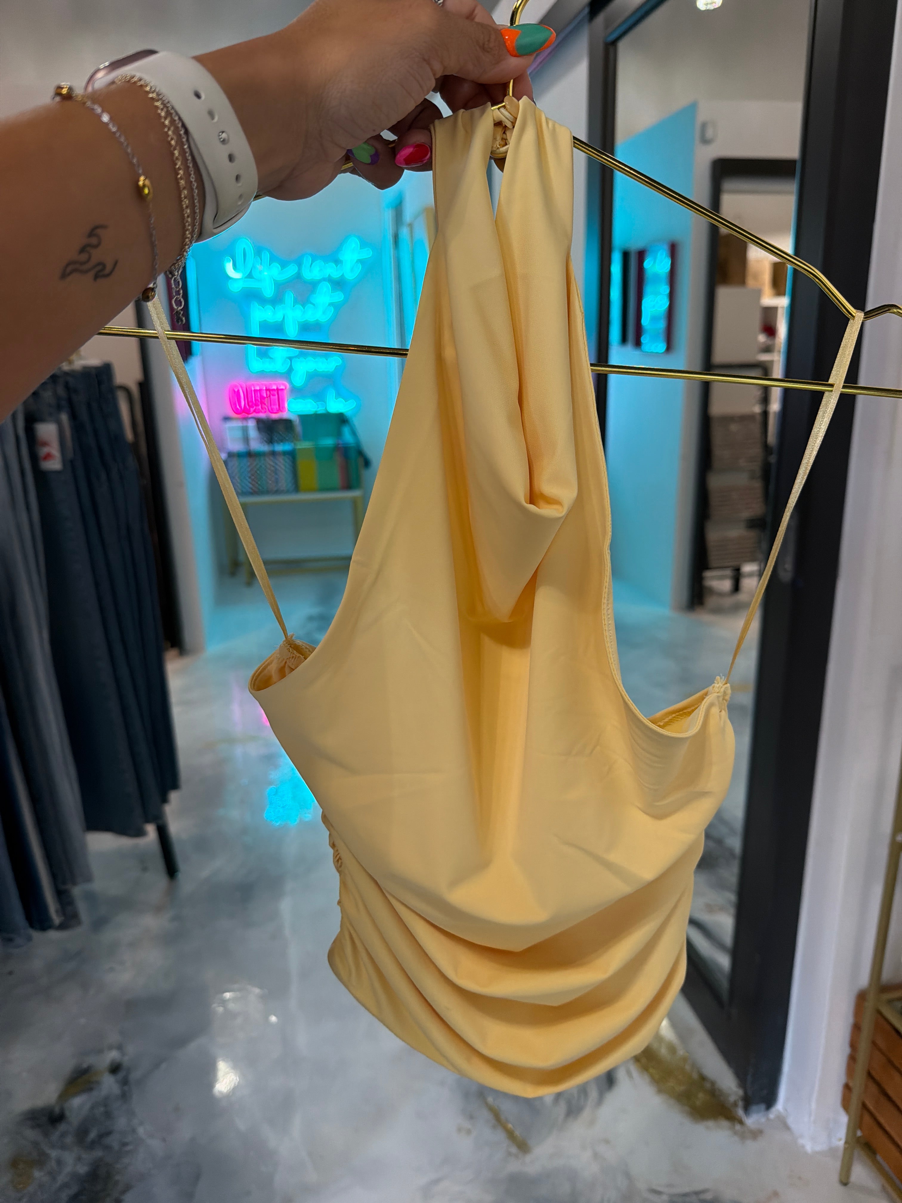 Baby Yellow Halter Ruched Top