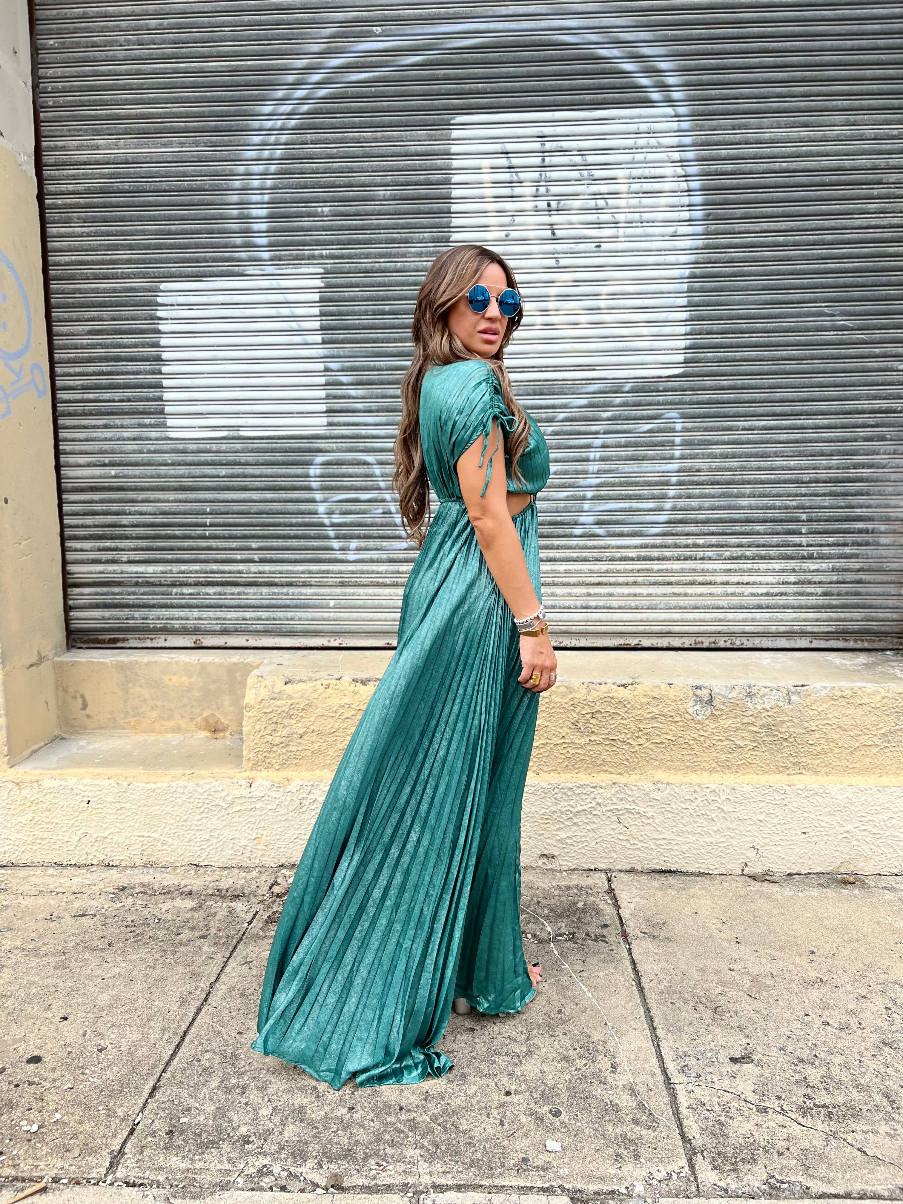 Silver Green Pleated Maxi