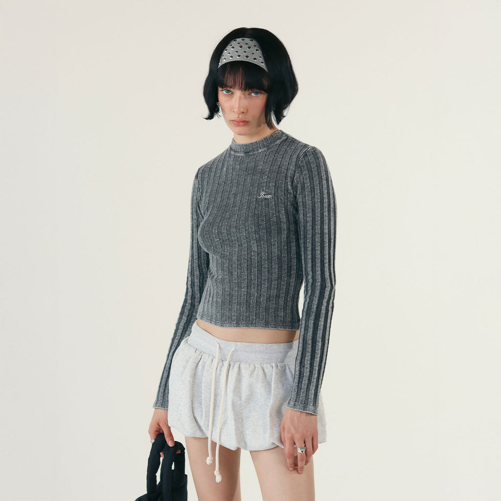TRUE Ribbed Knit Slim LS Tee - Washed Black