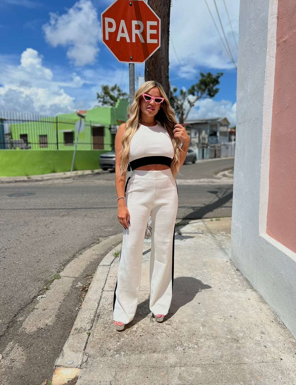 White/Black Knit Pant Set