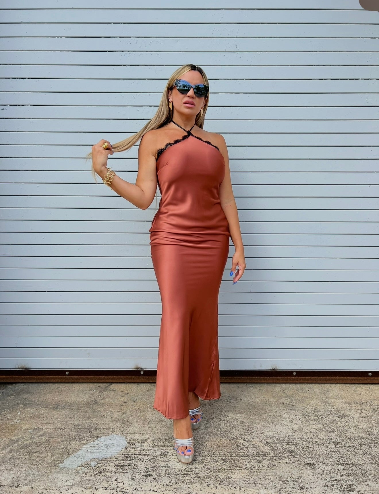 Terracota & Satin Maxi Dress